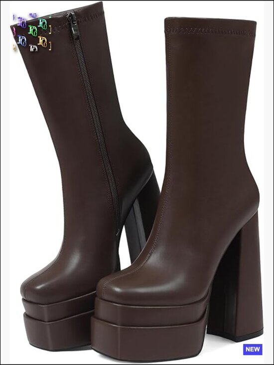 Shoes - Chunky High Heel Knee High Stretch Boots Platform Square Toe Side Zip Y2K